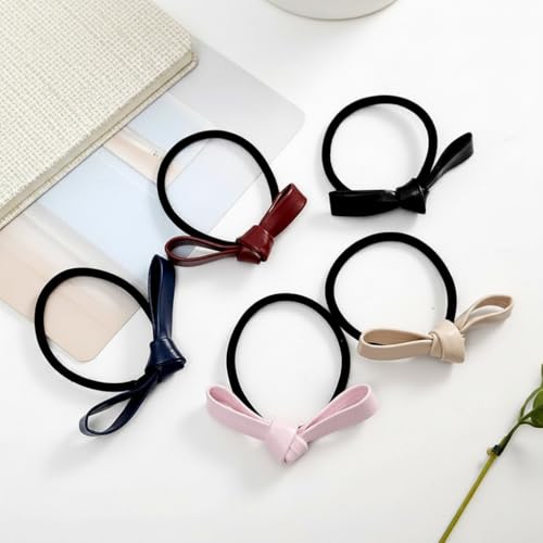 PU Leather Knotted Bow Hair Ties - 6 Pack Multicolored Ponytail Holders