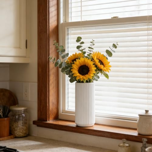 TIMEFOTO White Ceramic Flower Vase 6 Inch - Small Decorative Ribbed Centerpiece for Home & Office
