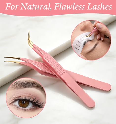 Lash Extension Tweezers Set - 2PCS Stainless Steel Precision Curved Eyelash Tweezers for Salon & Home