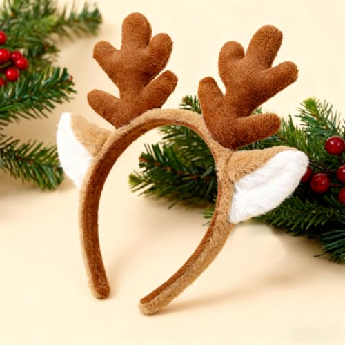 Christmas Reindeer Antlers Headband with White Furry Ears - Brown Holiday Hair Accessory for Women