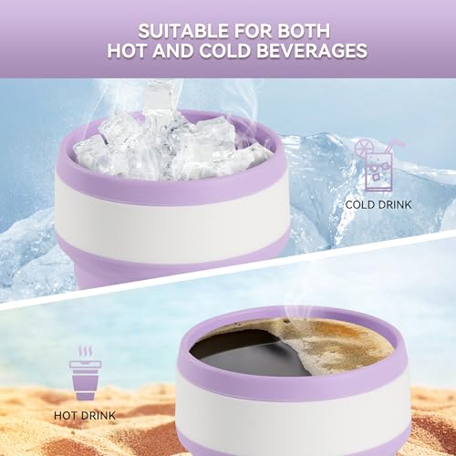 12oz Collapsible Cup for Traveling, Collapsible Silicone Travel Cup for Hot and Cold Drinks, Leak Proof Silicone Folding Travel Coffee Mug for Camping & Hiking, BPA Free Purple
