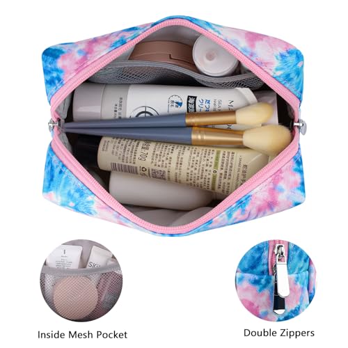 Tie Dye Blue Makeup Bag for Girls - Waterproof Travel Cosmetic Pouch