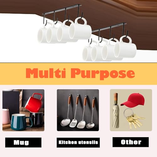 Metal Mug Holder with 8 Hooks - Under Cabinet Storage Organizer (4 Hooks-2x, Black)