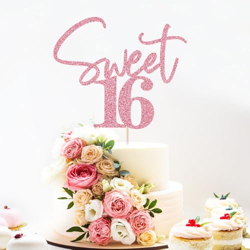Pink Glitter Sweet 16 Cake Topper for Birthday Celebrations