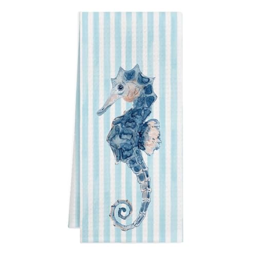 Sea Horse Kitchen Towels - Blue Striped Seahorse Design, 16x24 Inch