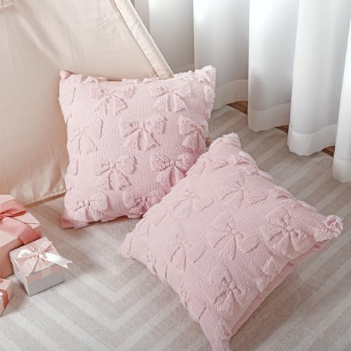 Mixweer Pink Bow Pillow Covers Set of 2, 18x18 Decorative Throw Cases