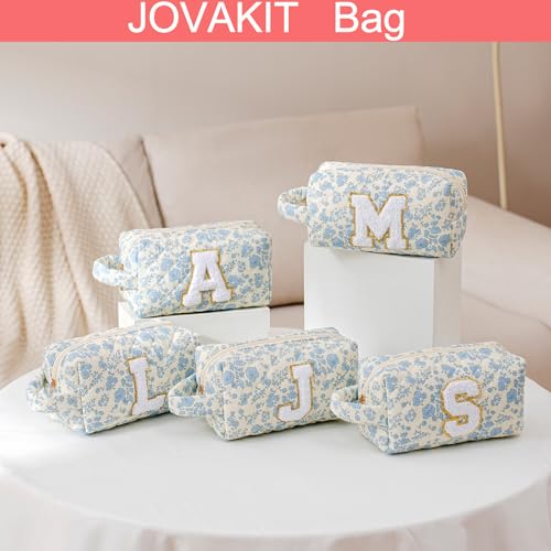 JOVAKIT Alphabet Floral Makeup Bag with Handle - Blue Floral A Toiletry Organizer