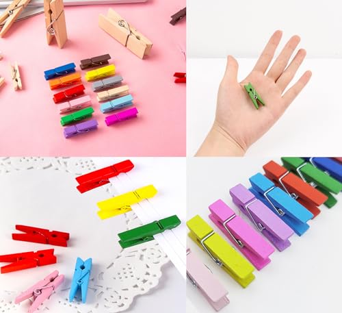 Mixed 100pcs Mini Wooden Clothespins with 33ft Jute Twine for Photos & Crafts - Small Clothes Pins