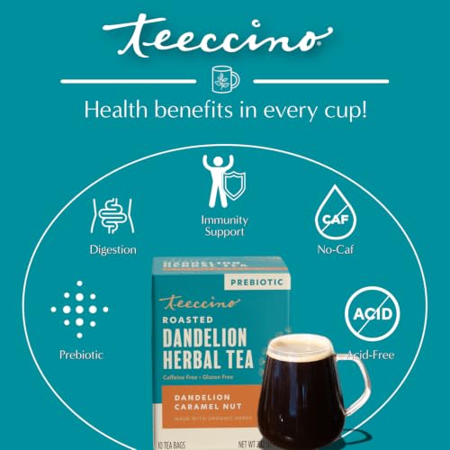 Teeccino Caramel Nut Dandelion Herbal Tea Bags - Caffeine Free, Prebiotic, 10 Pack