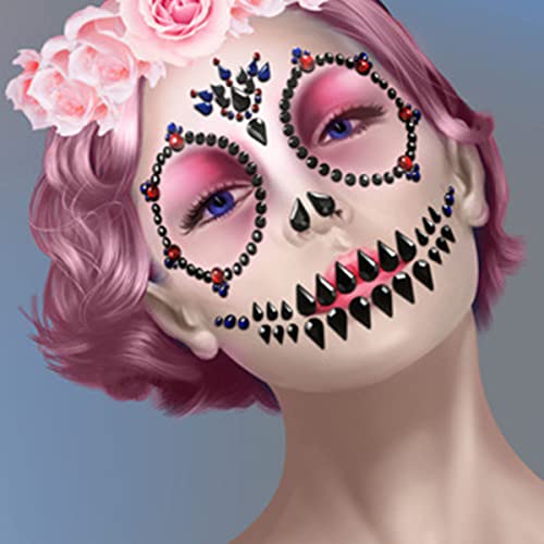 Day of the Dead Face Gems Crystal Rhinestone Skull Tattoo Stickers 2Pcs
