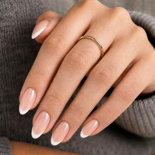 AzureBeauty White French Tip Short Almond Press On Nails, 32 Pcs