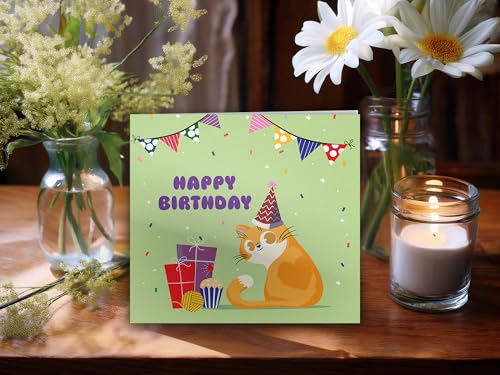 Happy Birthday Cat Card with Party Hat – 5.9" Square Folded Card