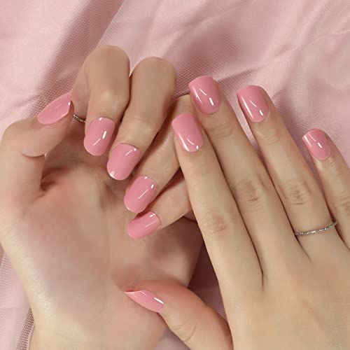 IKISKT Glossy Peach Pink Press on Nails Short Squoval Reusable False Nails