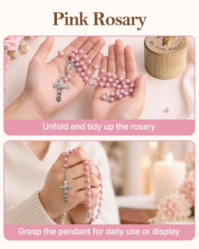 Pink Baptism Keepsake Rosary and Wooden Box Gift for Girls