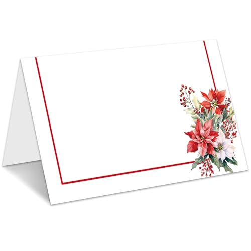 Christmas Poinsettia Place Cards for Table Setting, 25 Pack, Holiday Decor