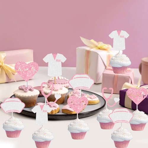 24-Piece Pink Nurse Graduation Cake Toppers Set - Stethoscope & Cap
