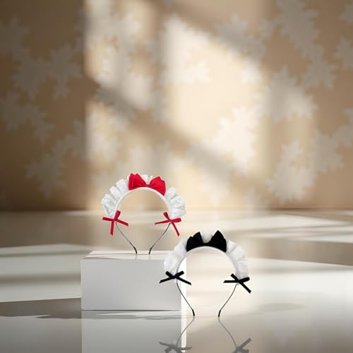 Lolita Maid Cosplay Headband Set Lace Bow Hair Band 2 Pcs Black Red