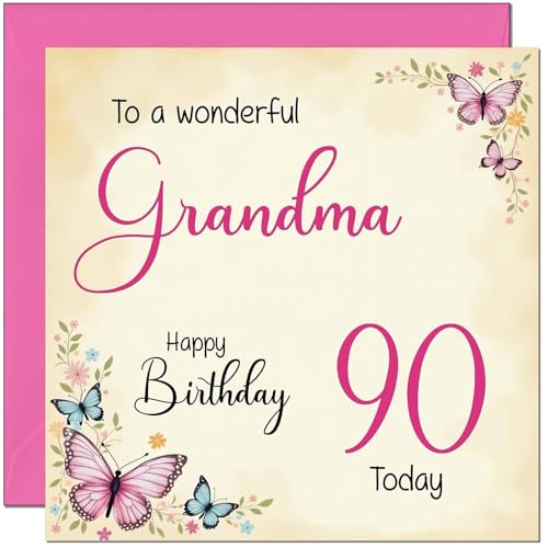 90th Birthday Card for Grandma - Floral Butterfly Grandmother Card