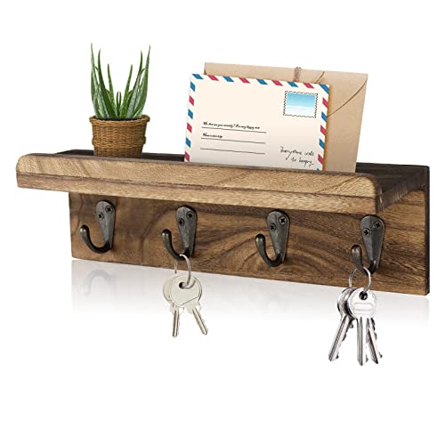 HRONRAD Rustic Wood Key Holder for Wall - Farmhouse Mail Organizer, Brown