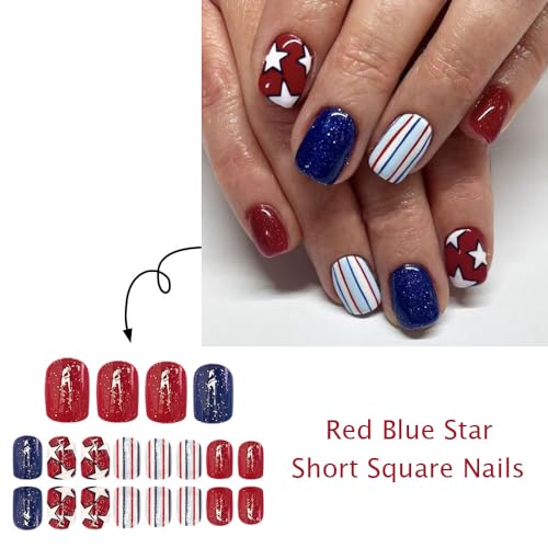 4th of July Short Square Press on Nails Star Acrylic Fake Nails 24Pcs
