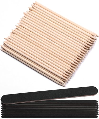 Borogo 110 Pcs Orange Wood Nail Sticks and 10 Pcs 100/180 Grit Nail Files Set