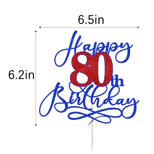 80th Birthday Cake Topper - Deep Blue & Red Glitter Party Decoration
