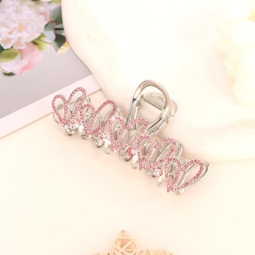 Pink Rhinestone Heart Large Hair Claw Clip for Women