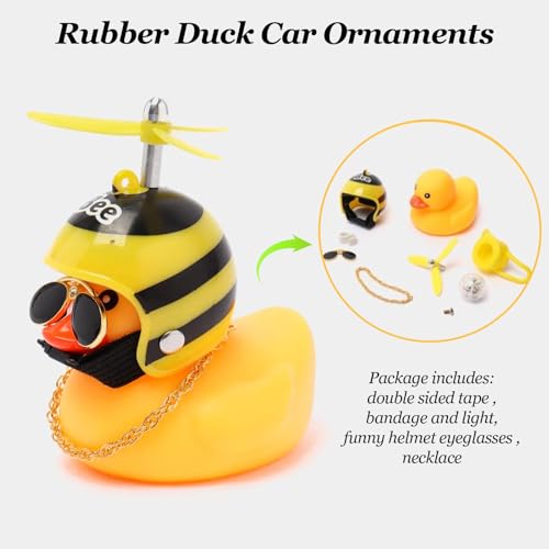 2 Pack Rubber Duck Car Ornaments, Yellow Duck Car Dashboard Decorations Squeeze Duck Bicycle Horns with Propeller Helmet,Bandage and Gold Chain