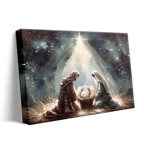 Nativity Scene Canvas Wall Art - Holy Family and Star Religious Christmas Decor - 24x30 Inch, Framed