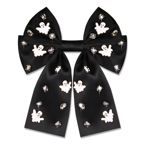 NVENF Large Halloween Hair Bows Rhinestone Spooky Ghost Black Ribbons