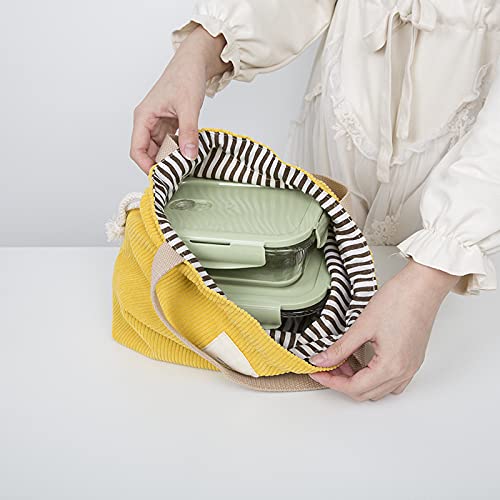 Green Portable Drawstring Corduroy Bento Lunch Bag - Insulated