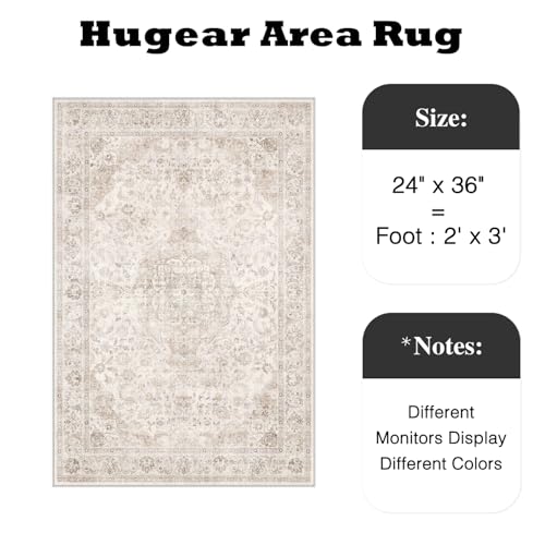 HUGEAR 2x3 Vintage Area Rug, Zest Beige Low Pile Washable Entryway Mat