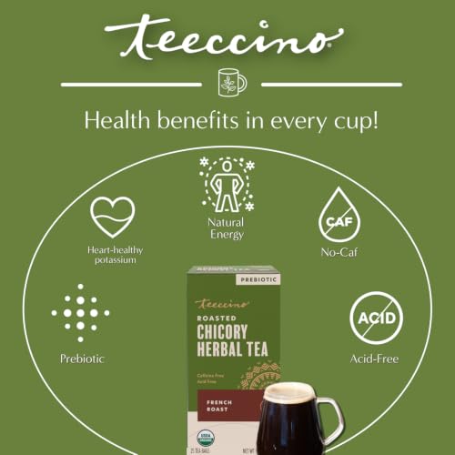 Teeccino French Roast Herbal Tea - Caffeine-Free Prebiotic Coffee Alternative - 25 Tea Bags (Pack of 1)
