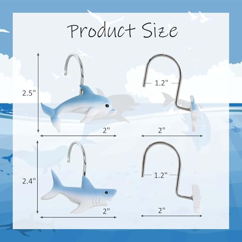 12 Pcs Shark and Dolphin Shower Curtain Hooks, Rust-Proof Nautical Rings