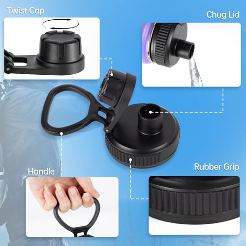 2Pcs Replacement Lid for Takeya Insulated Water Bottle, Wide Mouth Loop Top Lid for Takeya 14, 18, 24, 32, 40, 64oz, Replacement Cap with Handle Easy to Carry, No Leak Top Spout Lid Accessories Black