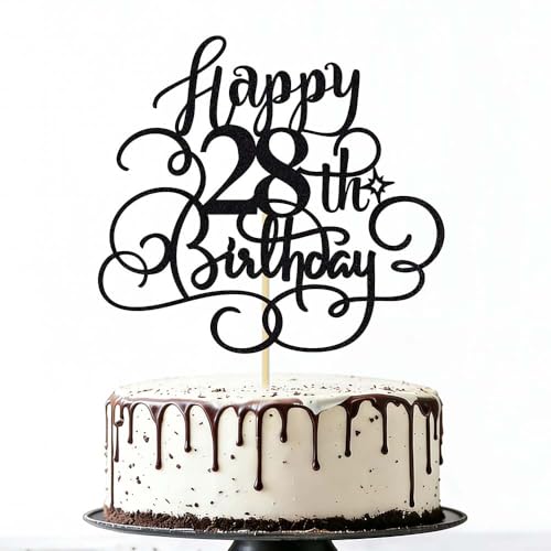 Black Glitter 28th Birthday Cake Topper - Cheers to 28 Years