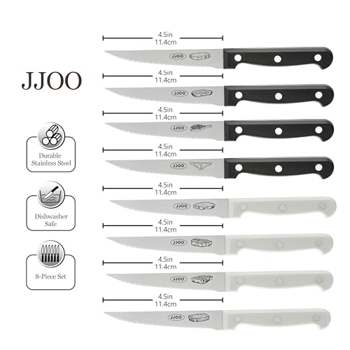 JJOO Premium Serrated Steak Knives Set of 8 - 4 Black & 4 White