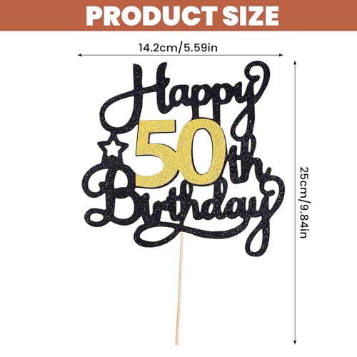 Elegant Black Gold Glitter 50th Birthday Cake Topper