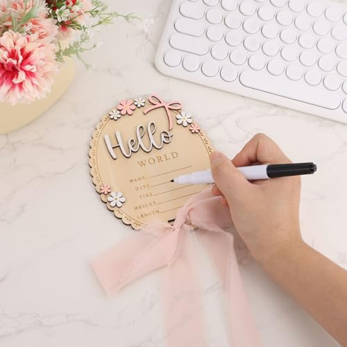 Wooden Baby Announcement Sign with Stand, Hello World Newborn Photo Prop