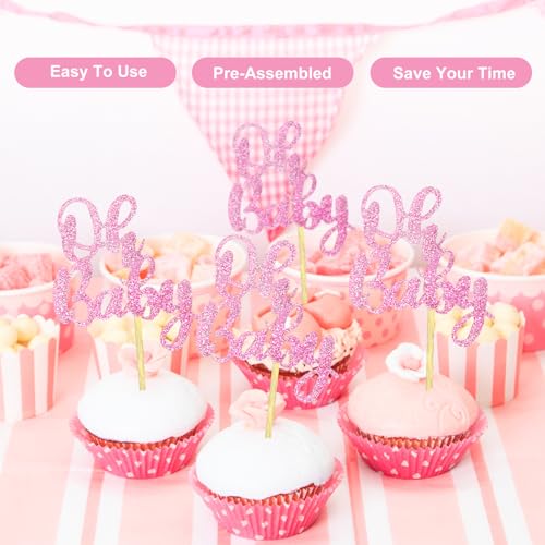 36 Pink Glitter Baby Shower Cupcake Toppers - Pre-Assembled Picks for Parties