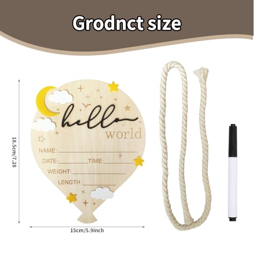 Wooden Baby Announcement Sign - Hot Air Balloon Design, 5.9 Inch