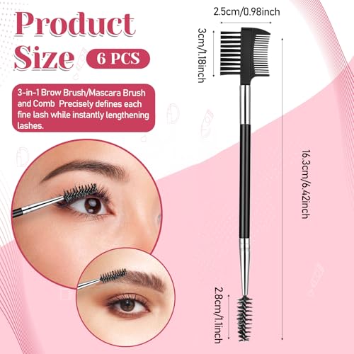 6 Pcs Eyebrow Brush and Eyelash Comb Set, 3-Head Grooming Tool Black