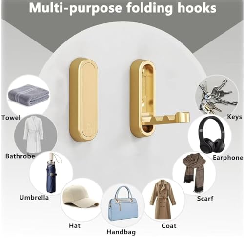 WXISOML Folding Wall Hooks - Heavy Duty Zinc Alloy Coat Hooks, Gold (2PCS)