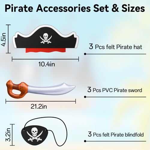 ZeeDix 9-Piece Pirate Set for Kids: 3 Hats, 3 Patches, 3 Swords