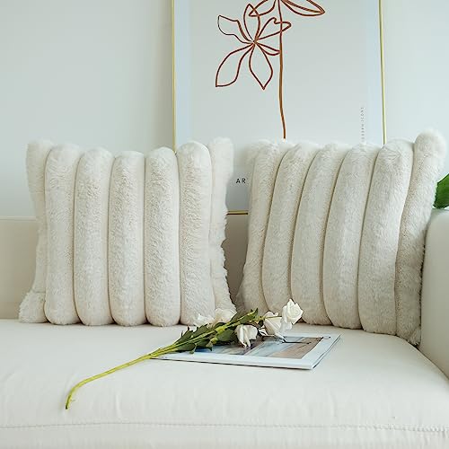 Faux Fur Throw Pillow Covers 2-Pack - Soft Plush Cushion Cases for Sofa & Bed, 16x16 inch, Beige