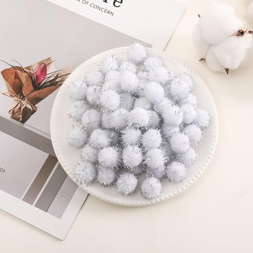100 Pcs Small White Glitter Pom Poms for Arts and Crafts