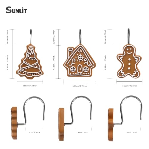 Sunlit Christmas Gingerbread Shower Curtain Hooks Set of 12 - Gingerbread Man, House & Tree Variations