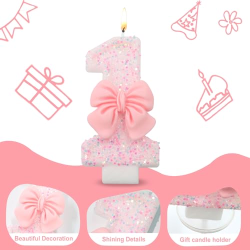 Ceya Pink Bowknot Number 1 Birthday Candle for Cake Topper