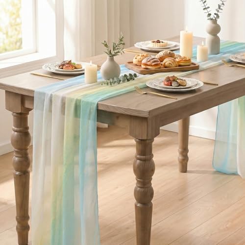 28x120 Inch Blue Boho Gradient Table Runner Chiffon Spring Decor for Kitchen & Dining
