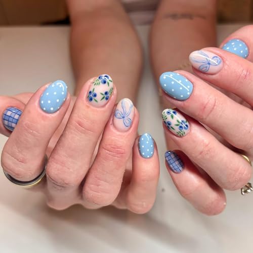 Blueberry Checkered Bow Short Oval Press on Nails - 24Pcs Glossy Fake Nails